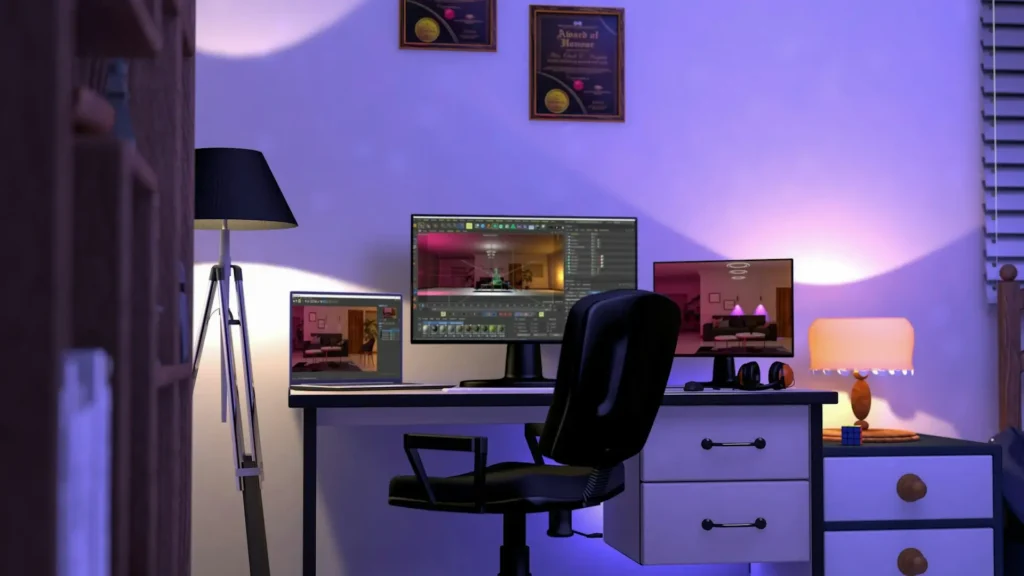 Biurko proste z komputerem i monitorem w nowoczesnym pokoju