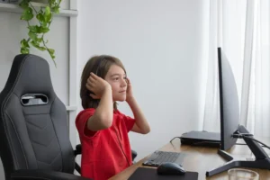 Fotel do biurka dla dziecka – ergonomiczny fotel; dziecko przy komputerze w prawidłowej pozycji podczas nauki i grania.
