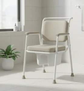 Krzesło toaletowe w jasnej łazience – tapicerowane siedzisko i oparcie, wyjmowany pojemnik, stabilna rama z antypoślizgowymi stopkami.