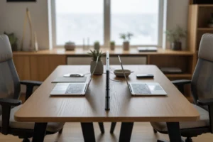 Biurko dwuosobowe 200cm w nowoczesnym domowym biurze z dwoma stanowiskami pracy