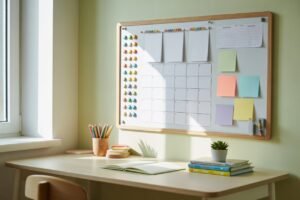 Tablica nad biurko magnetyczna z kalendarzem i kolorowymi notatkami w jasnym, zorganizowanym pokoju do nauki