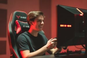 Fotel Diablo w akcji – uśmiechnięty gracz siedzący w ergonomicznym fotelu gamingowym.