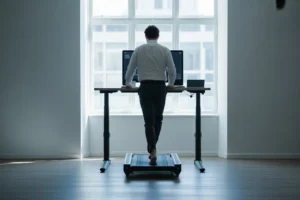 Profesjonalna bieżnia pod biurko jako kluczowy element aktywnego stanowiska pracy, na której mężczyzna chodzi, pracując w nowoczesnym biurze.