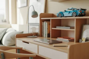 Nowoczesne biurko dla chłopca, idealne do nauki, z laptopem i półkami na książki oraz model samochodu LEGO.