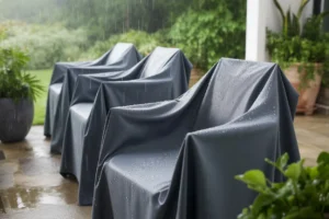 Pokrowce na krzesła ogrodowe chroniące meble przed deszczem na tarasie