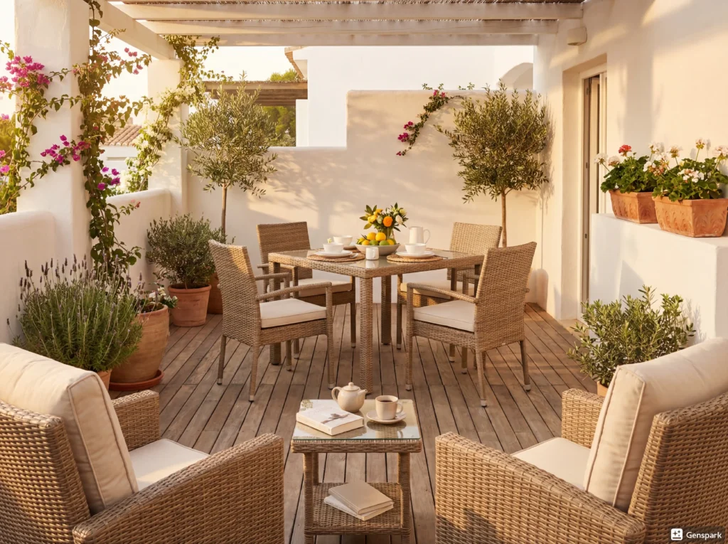 Elegancki zestaw ogrodowy stół i krzesła z rattanu na słonecznym tarasie – [szczegóły z obrazu]