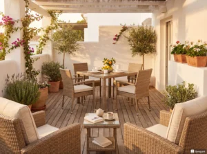 Elegancki zestaw ogrodowy stół i krzesła z rattanu na słonecznym tarasie – [szczegóły z obrazu]